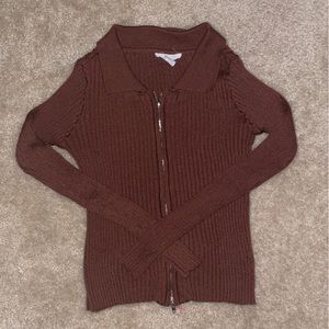 Brown Long Sleeve Knit Zip-Up Sweater